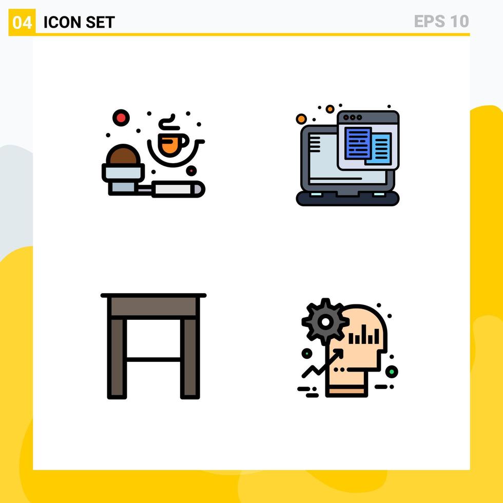 Mobile Interface Filledline Flat Color Set of 4 Pictograms of coffee furniture powder web hosting brain Editable Vector Design Elements