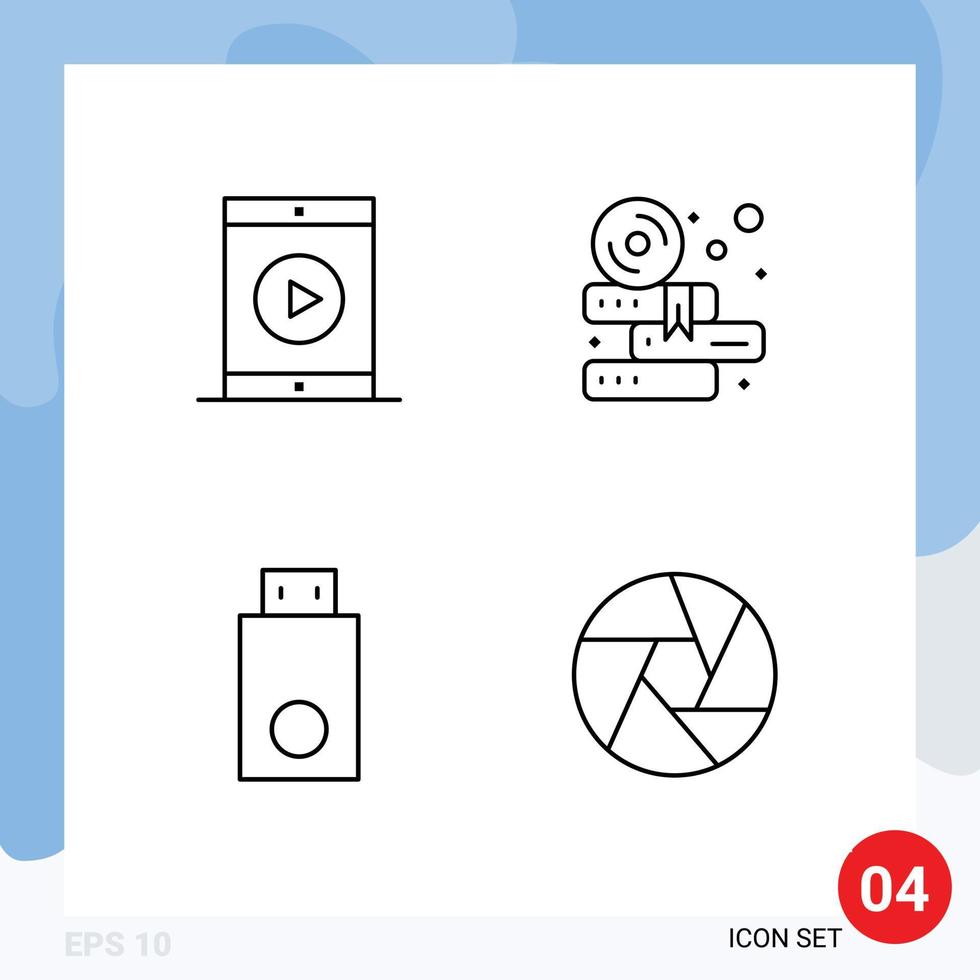 paquete de 4 modernos signos y símbolos de colores planos de línea rellena para medios de impresión web, como dispositivos de cine, educación cinematográfica, electrónica, elementos de diseño vectorial editables vector