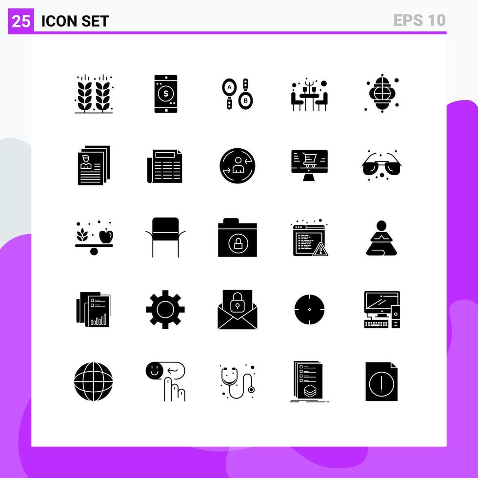 Set of 25 Commercial Solid Glyphs pack for light table dollar restaurant computing Editable Vector Design Elements