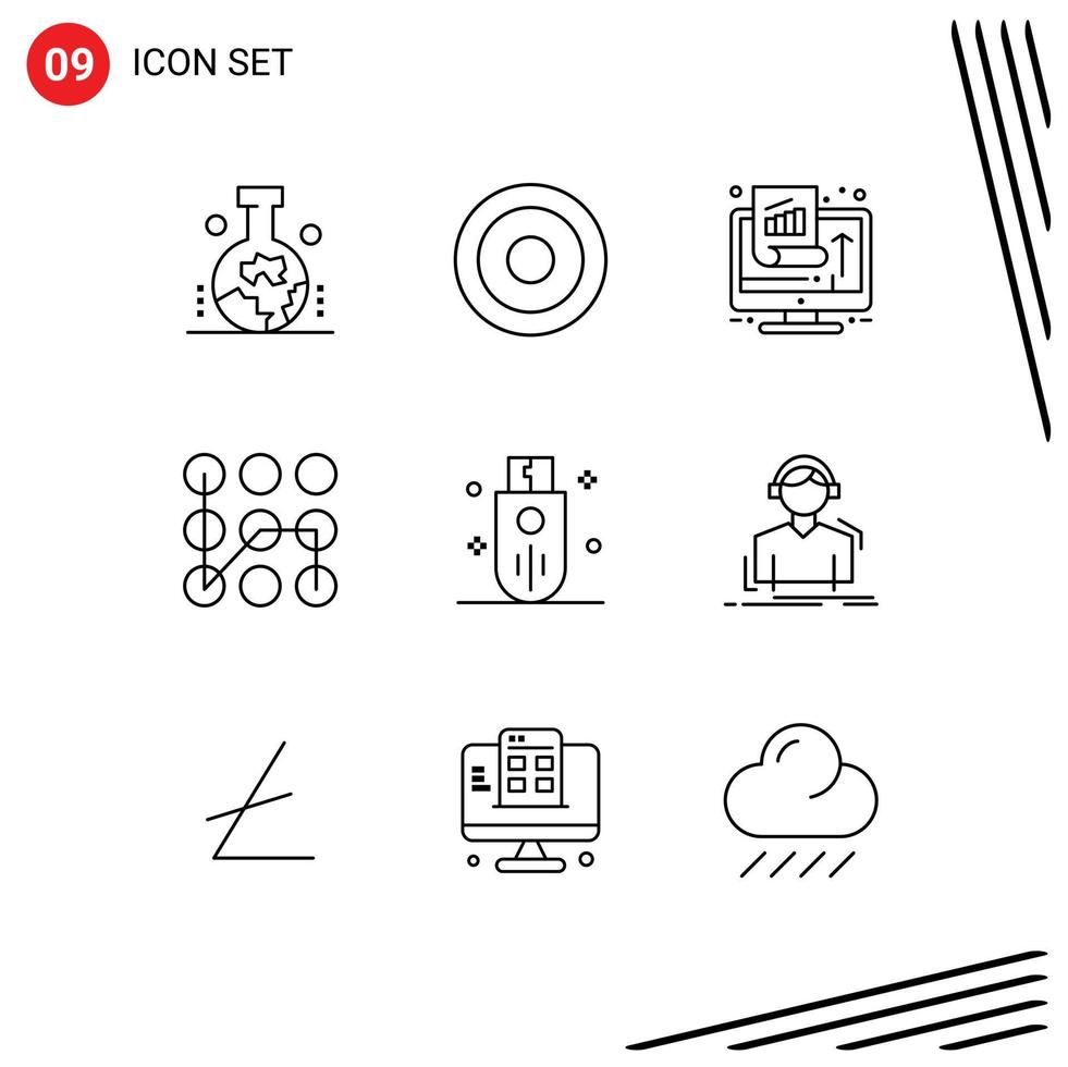 Universal Icon Symbols Group of 9 Modern Outlines of devices secure chart protection success Editable Vector Design Elements