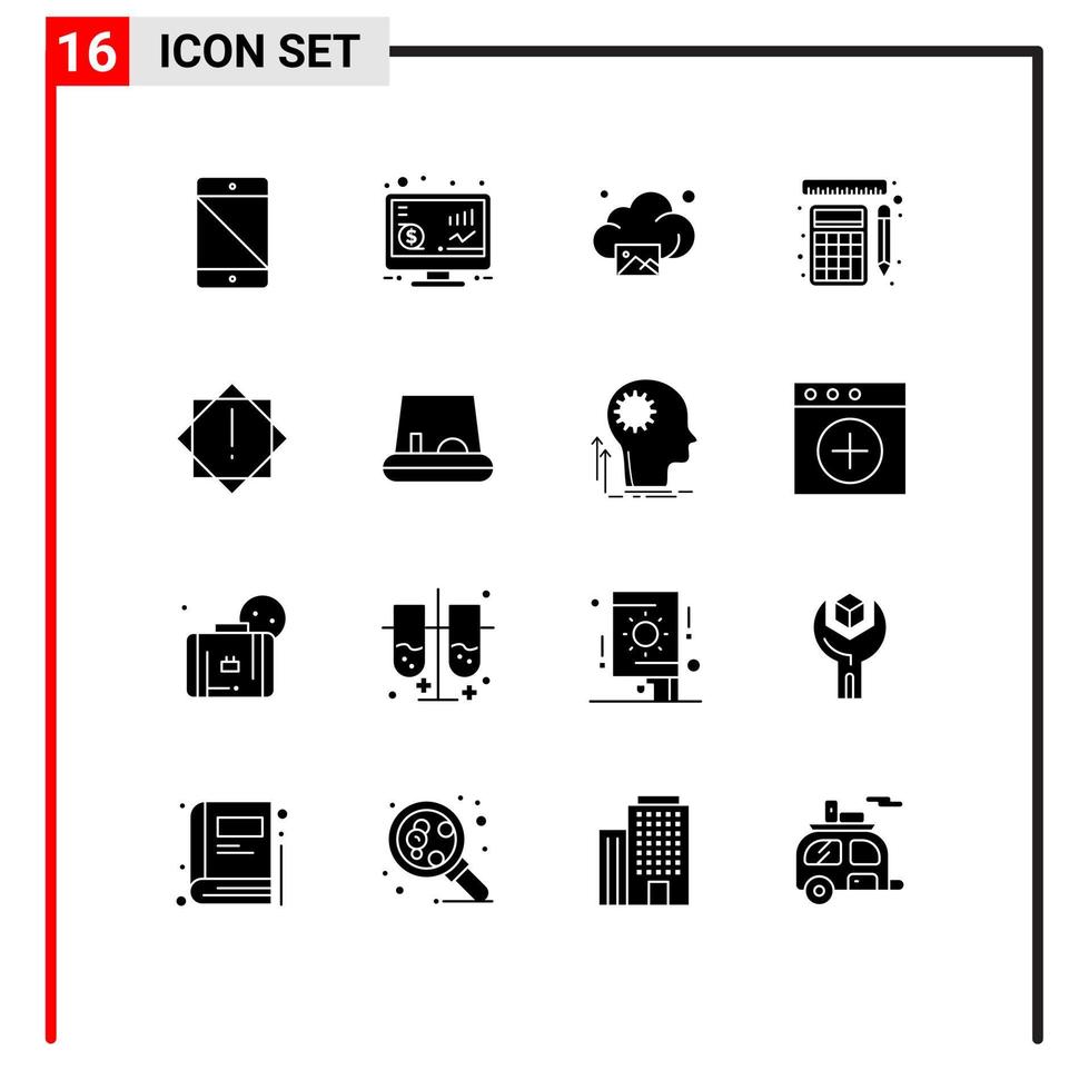 16 Universal Solid Glyph Signs Symbols of alert rulers money tools technology Editable Vector Design Elements