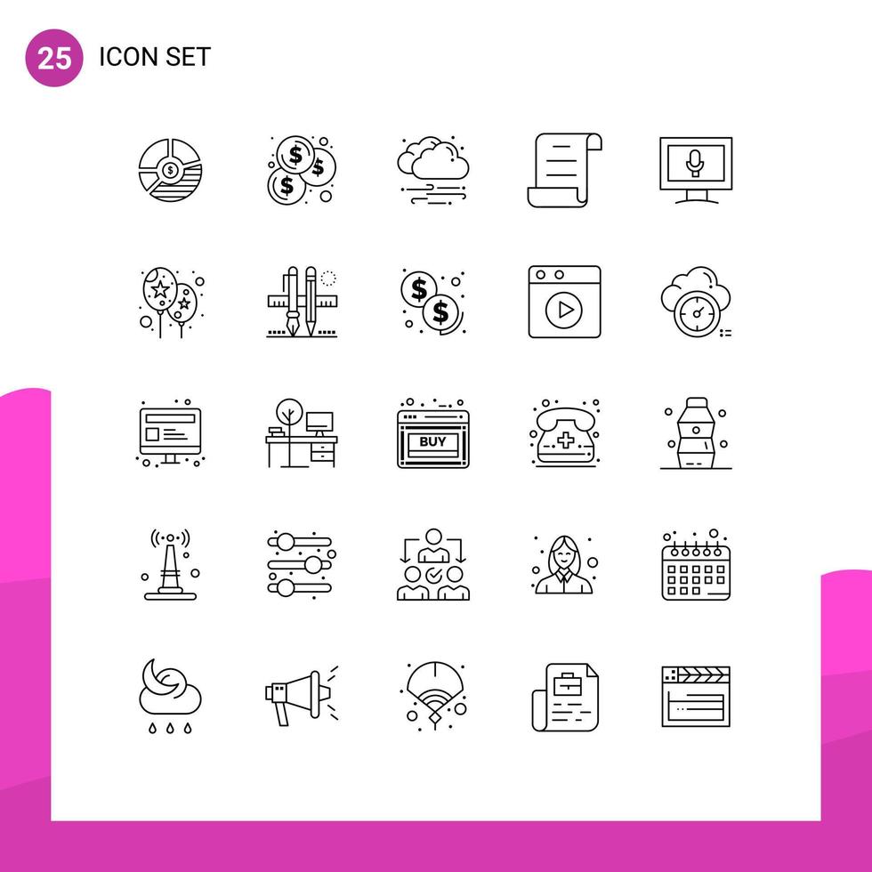 Set of 25 Modern UI Icons Symbols Signs for monitor log coins document windy Editable Vector Design Elements