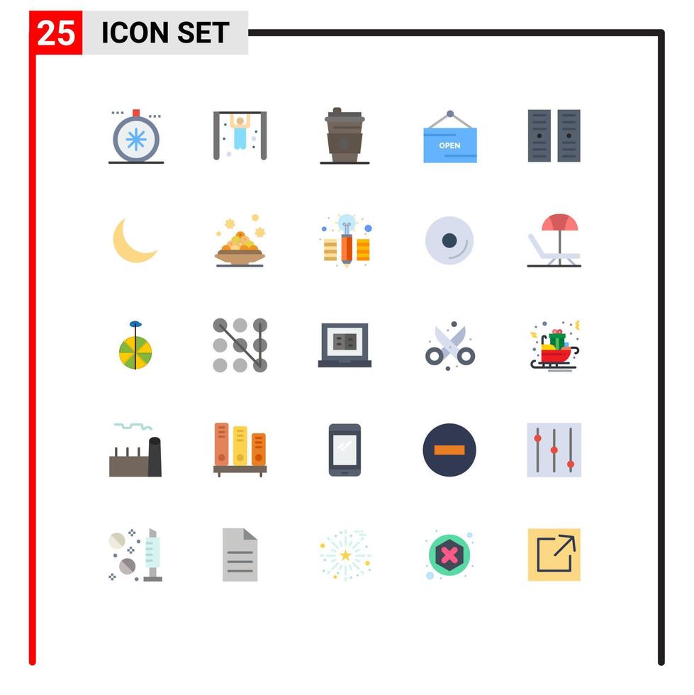 Pictogram Set of 25 Simple Flat Colors of moon hosting disposable cup data center open Editable Vector Design Elements