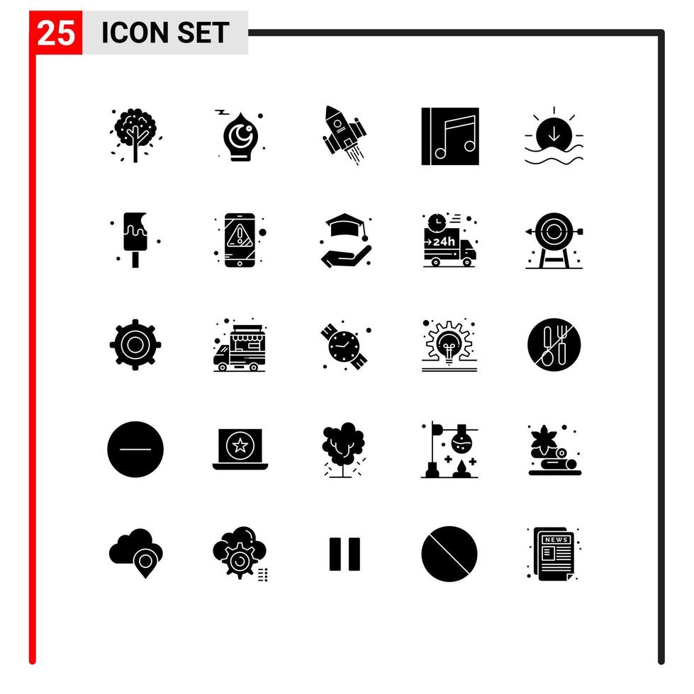 25 User Interface Solid Glyph Pack of modern Signs and Symbols of songs music space craft media launch Editable Vector Design Elements