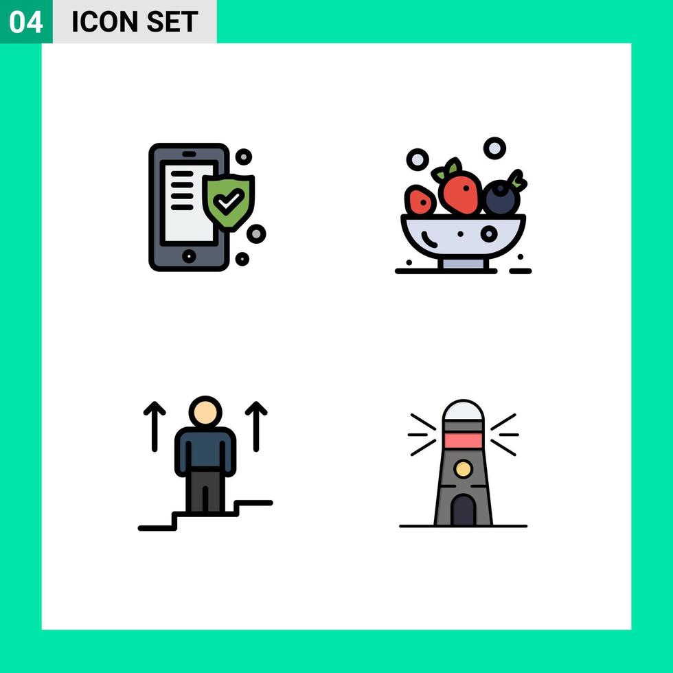 Mobile Interface Filledline Flat Color Set of 4 Pictograms of phone arrow shield drink success Editable Vector Design Elements