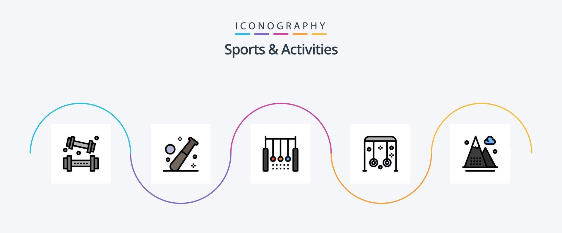 la línea de deportes y actividades llenó el paquete de iconos planos 5 que incluye deporte. niño. gimnasia. anillos colgante vector