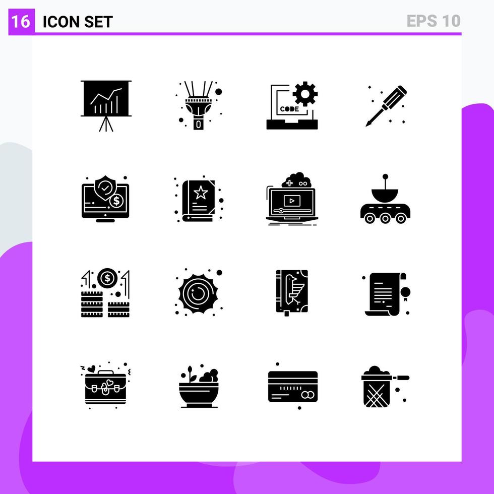 Set of 16 Modern UI Icons Symbols Signs for monitor screwdriver coding plumbing mechanical Editable Vector Design Elements