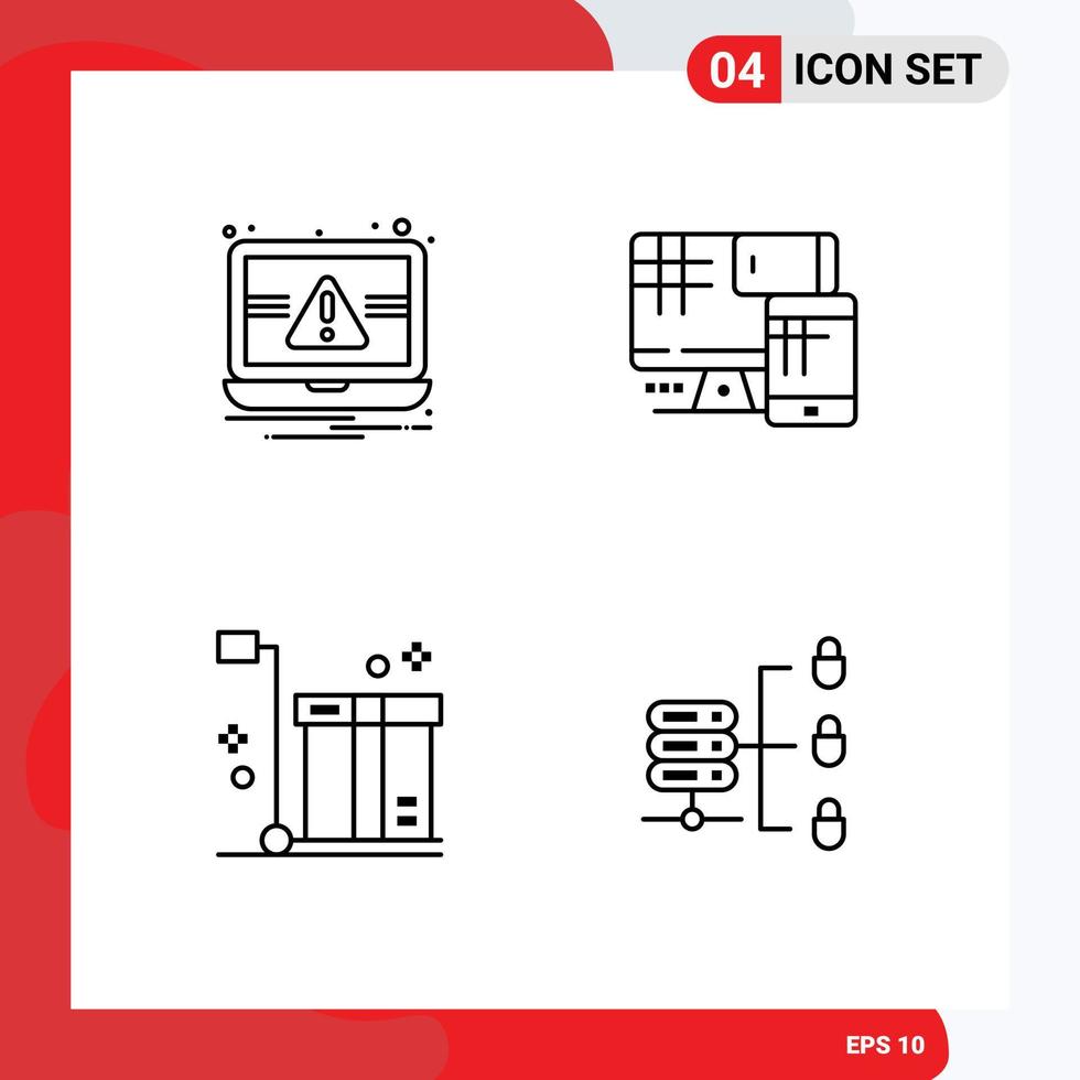 Modern Set of 4 Filledline Flat Colors Pictograph of essentials cart alert cell packaging Editable Vector Design Elements