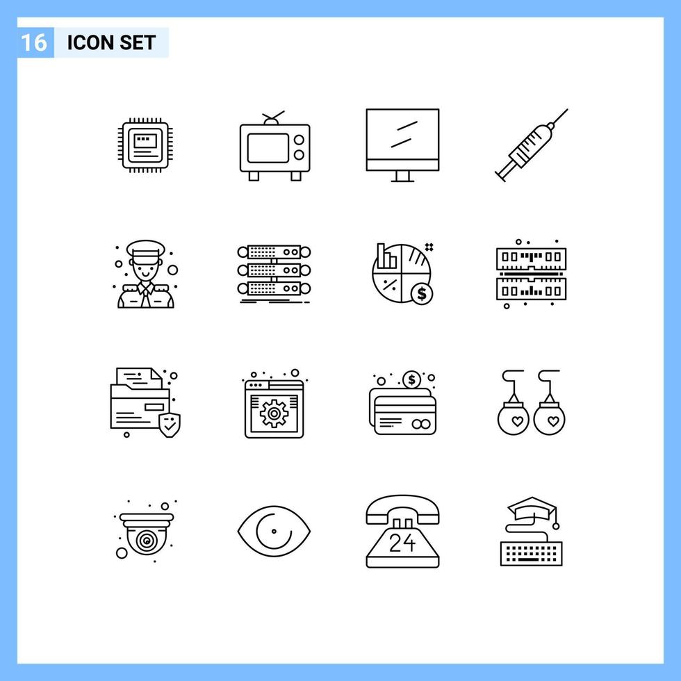 Group of 16 Modern Outlines Set for captain captain display shot vaccine Editable Vector Design Elements