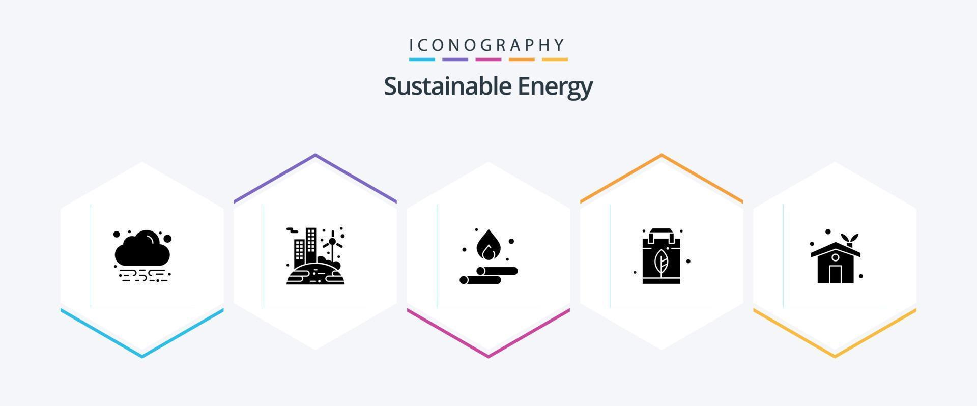 paquete de iconos de 25 glifos de energía sostenible que incluye la casa ecológica. hogar ecológico. primavera. bolsa. hoja vector