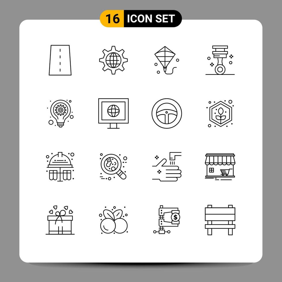 Pictogram Set of 16 Simple Outlines of bulb piston gear garage festival Editable Vector Design Elements
