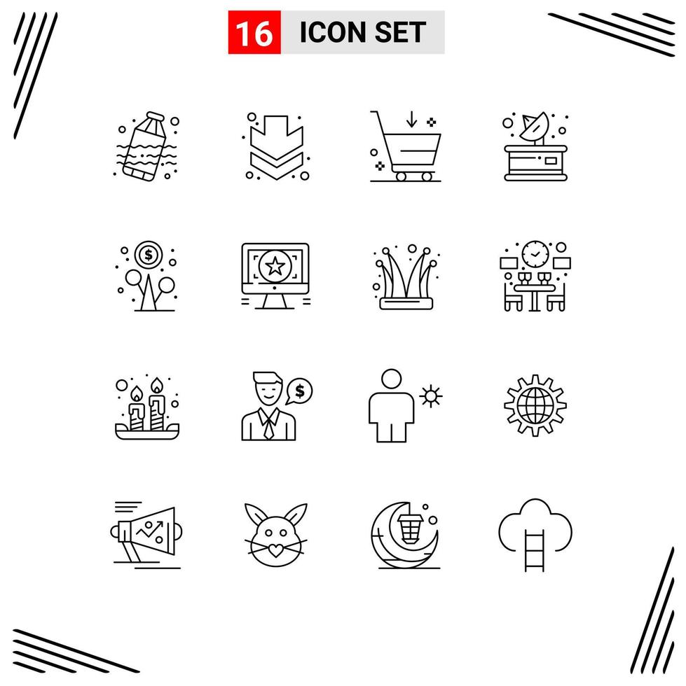 Set of 16 Vector Outlines on Grid for money flower commerce profit parabolic Editable Vector Design Elements