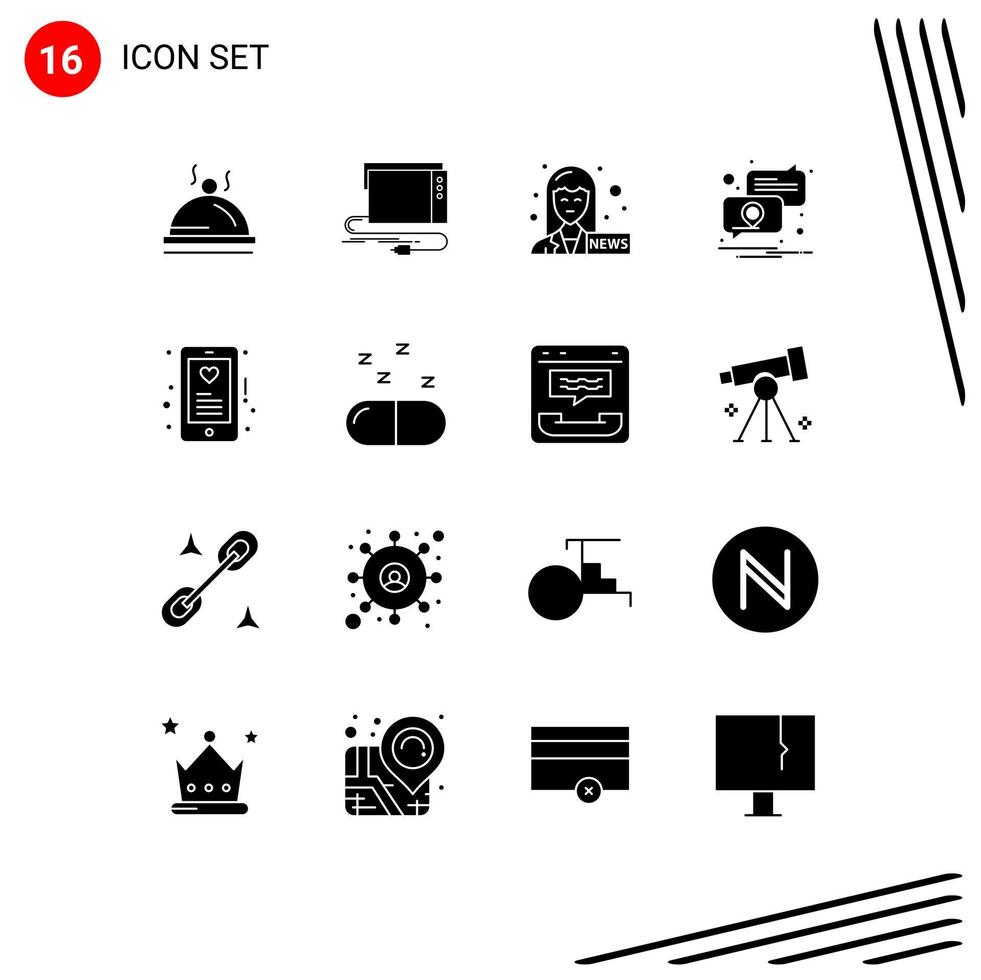 16 Solid Glyph concept for Websites Mobile and Apps heart placeholder sound pin location Editable Vector Design Elements