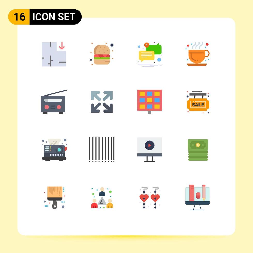 Mobile Interface Flat Color Set of 16 Pictograms of arrow radio message interface hot coffee Editable Pack of Creative Vector Design Elements