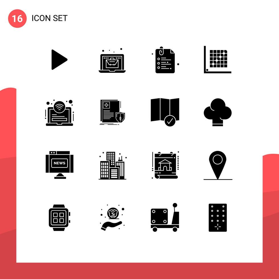 grupo de 16 glifos sólidos modernos establecidos para elementos de diseño vectorial editables en color de edición de papel de área vector