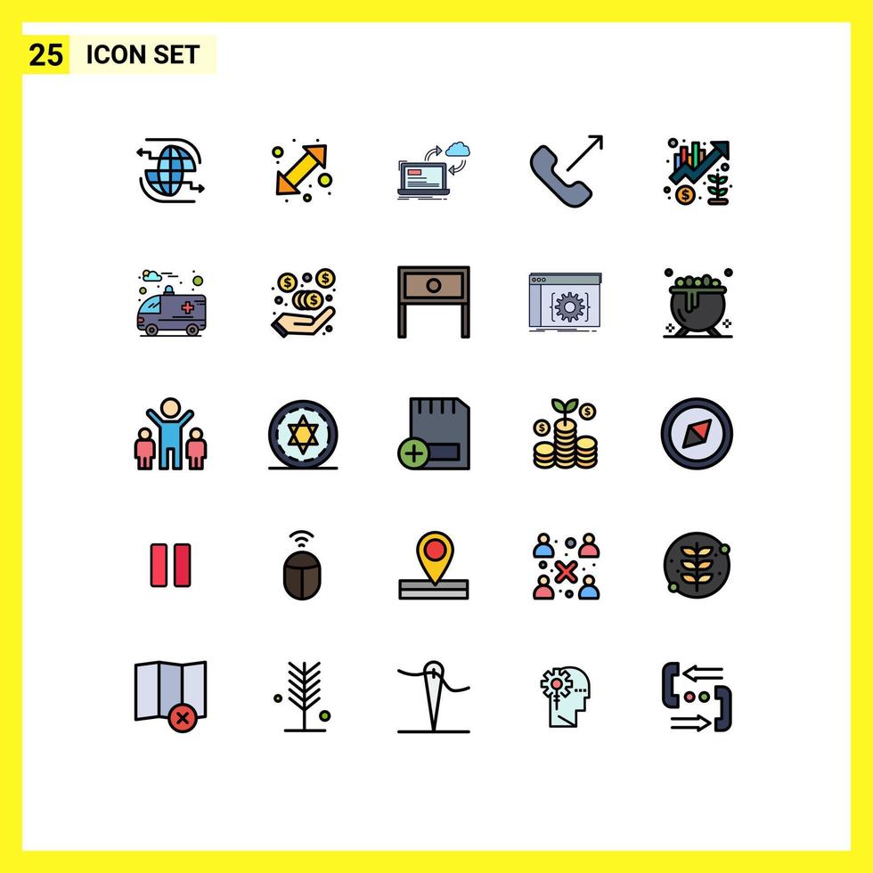 Pack of 25 Modern Filled line Flat Colors Signs and Symbols for Web Print Media such as phone incoming up down call dashboard Editable Vector Design Elements