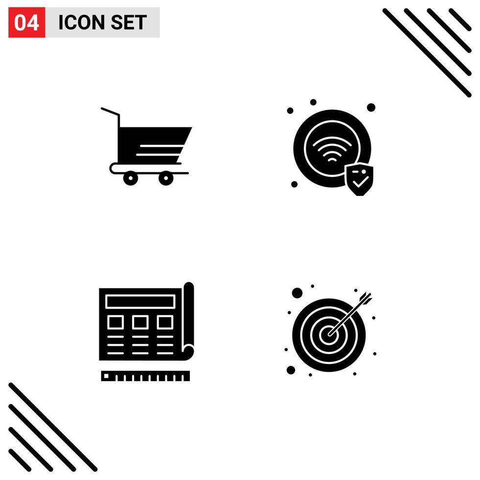 Group of 4 Solid Glyphs Signs and Symbols for cart website protection blueprint arrow Editable Vector Design Elements
