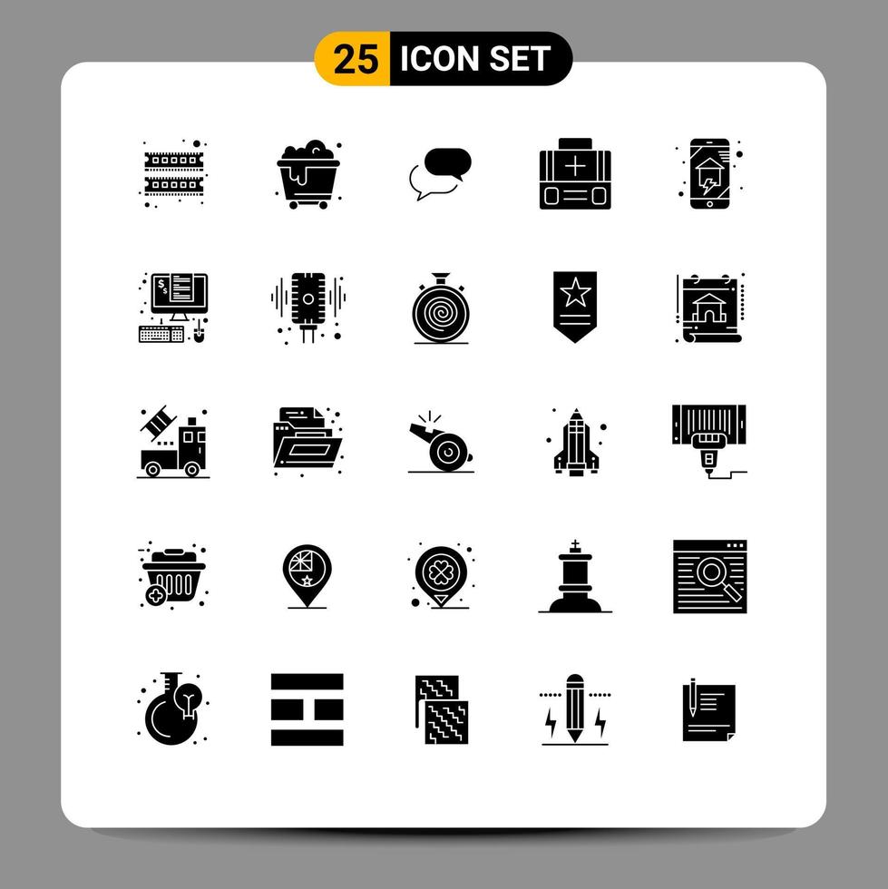 User Interface Pack of 25 Basic Solid Glyphs of home networking domestics chat suitcase first aid Editable Vector Design Elements
