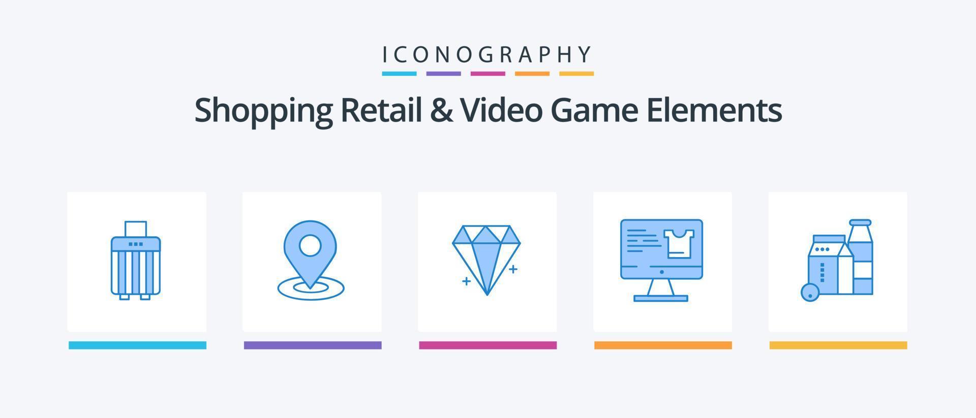 Shoping Retail And Video Game Elements Blue 5 Icon Pack Including box . shopping. diamond. monitor . computer. Creative Icons Design vector