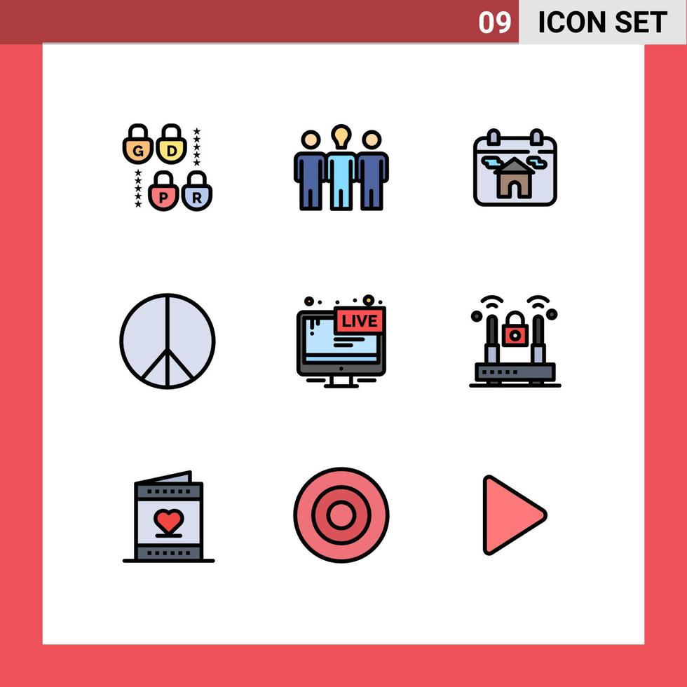 User Interface Pack of 9 Basic Filledline Flat Colors of live screen real estate tv hippie Editable Vector Design Elements