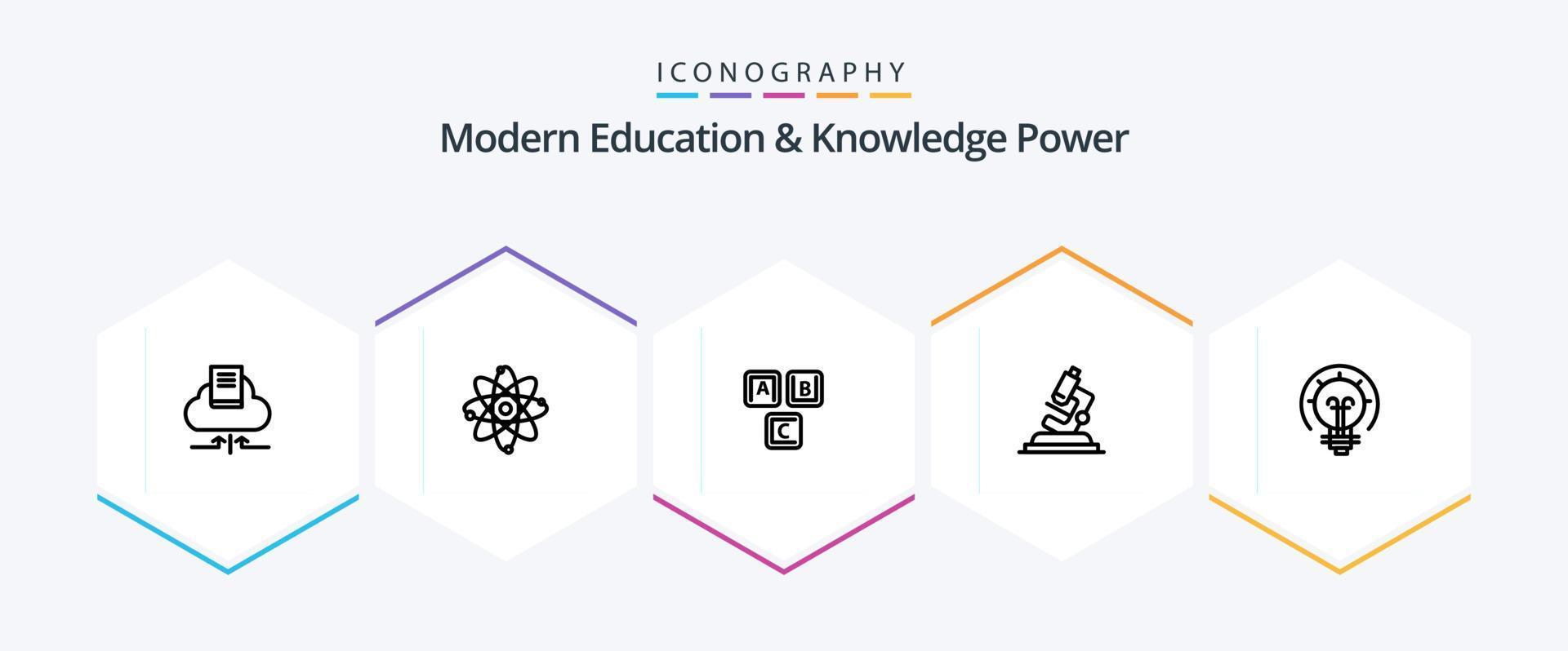Modern Education And Knowledge Power 25 Line icon pack including bulb. science. abc. microsope. knowledge vector