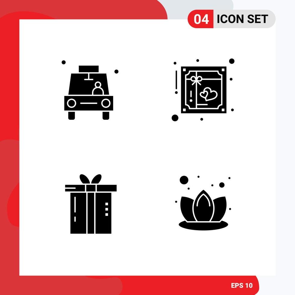 Mobile Interface Solid Glyph Set of 4 Pictograms of car romantic pin invite gift Editable Vector Design Elements