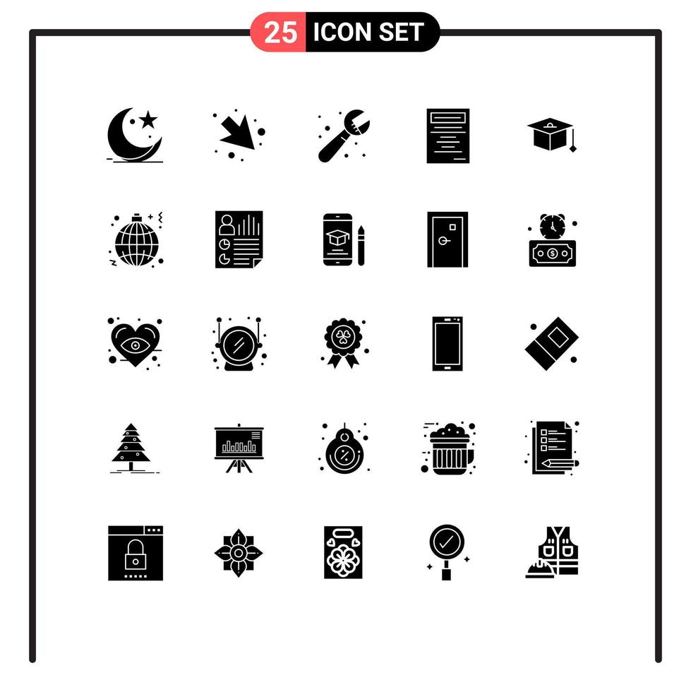 25 User Interface Solid Glyph Pack of modern Signs and Symbols of graduation cap mechanical study book Editable Vector Design Elements
