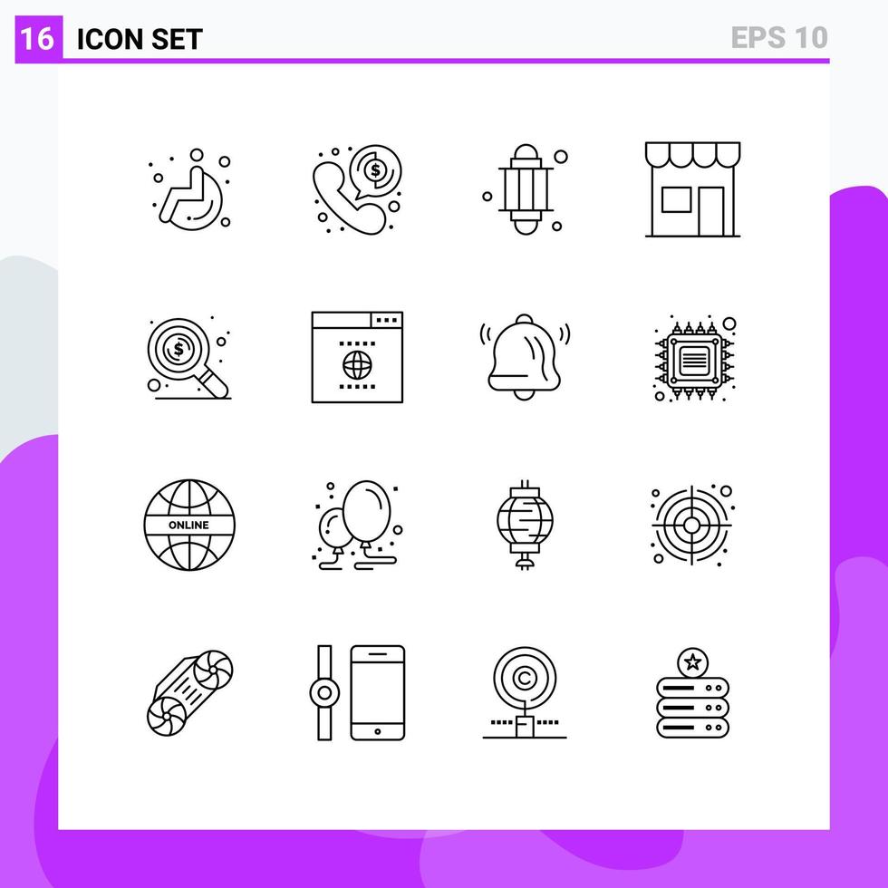 16 iconos creativos signos y símbolos modernos de tienda de dinero linterna quiosco minorista elementos de diseño vectorial editables vector