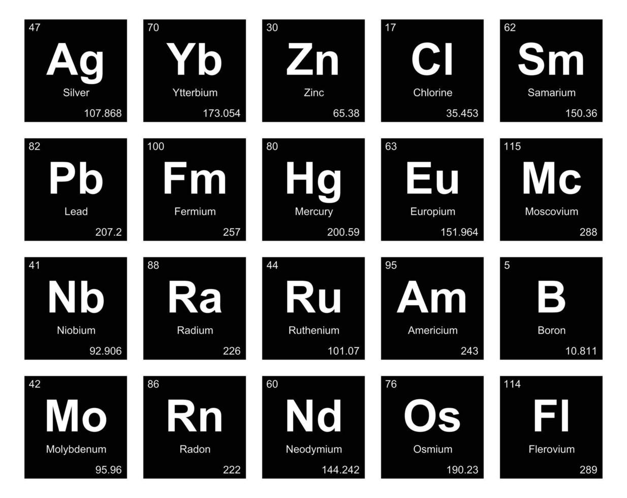 diseño de paquete de iconos de 20 tablas preiodicas de los elementos vector