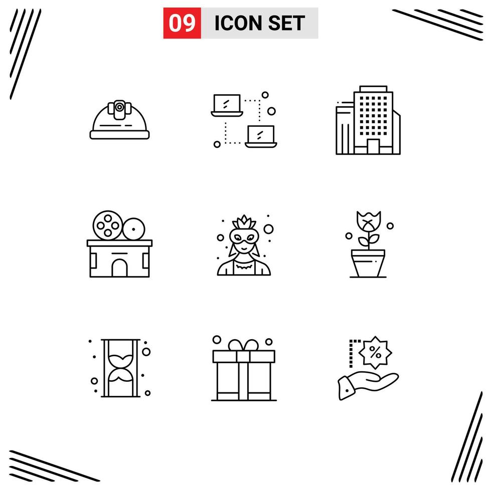 User Interface Pack of 9 Basic Outlines of character mask office ticket entertainment Editable Vector Design Elements