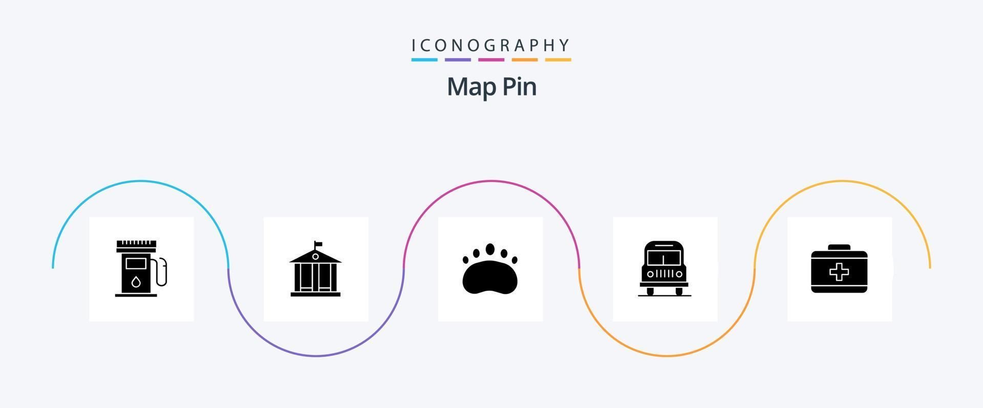 paquete de iconos de glifo 5 de pin de mapa que incluye . cuidado. embragues cuidado de la salud. cámping vector