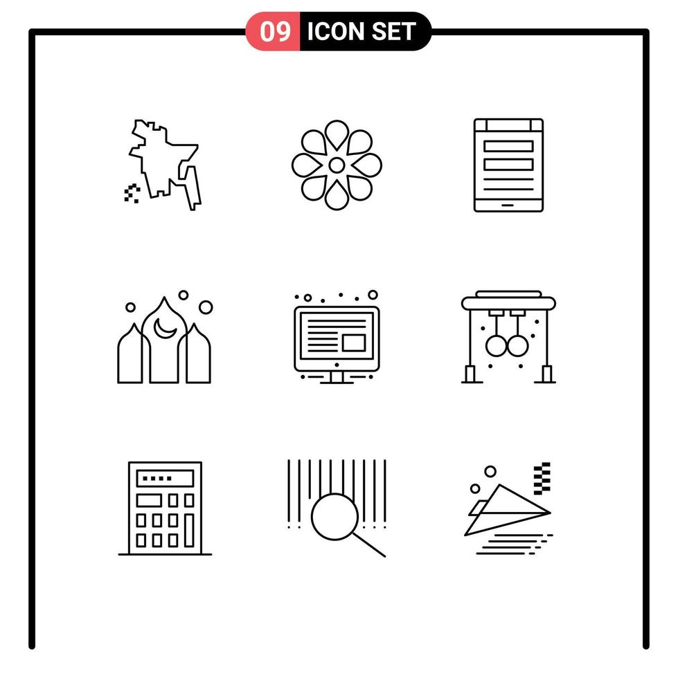 Group of 9 Modern Outlines Set for management ramadan internet kareem architecture Editable Vector Design Elements