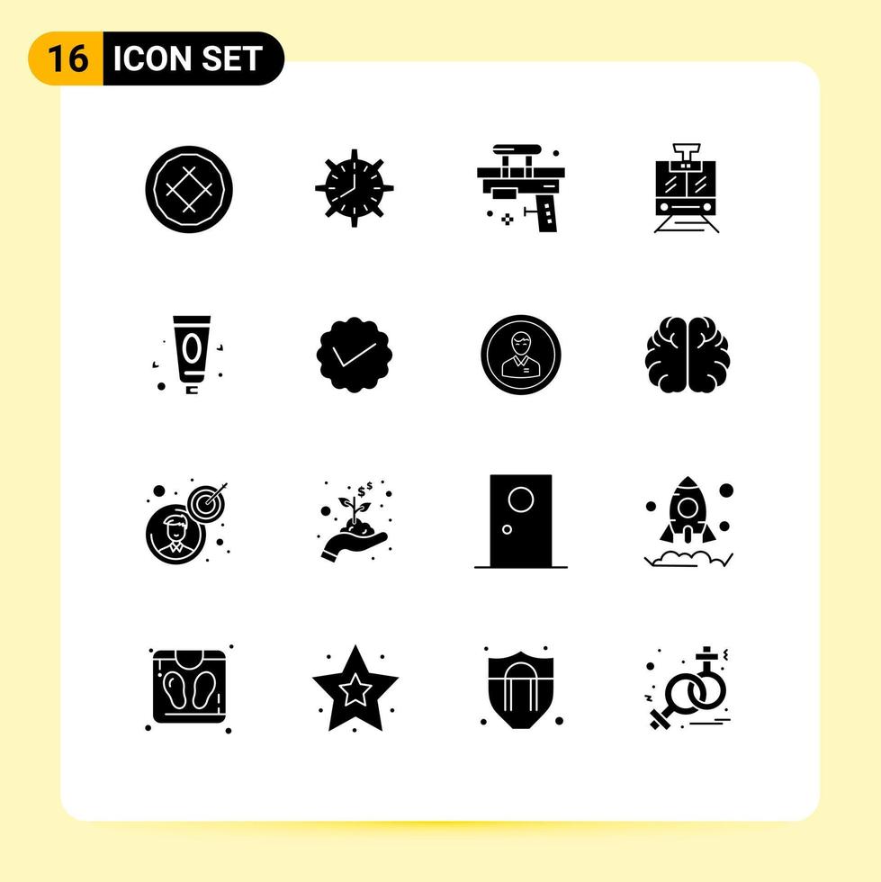 Pack of 16 Modern Solid Glyphs Signs and Symbols for Web Print Media such as train toy timepiece summer fun Editable Vector Design Elements