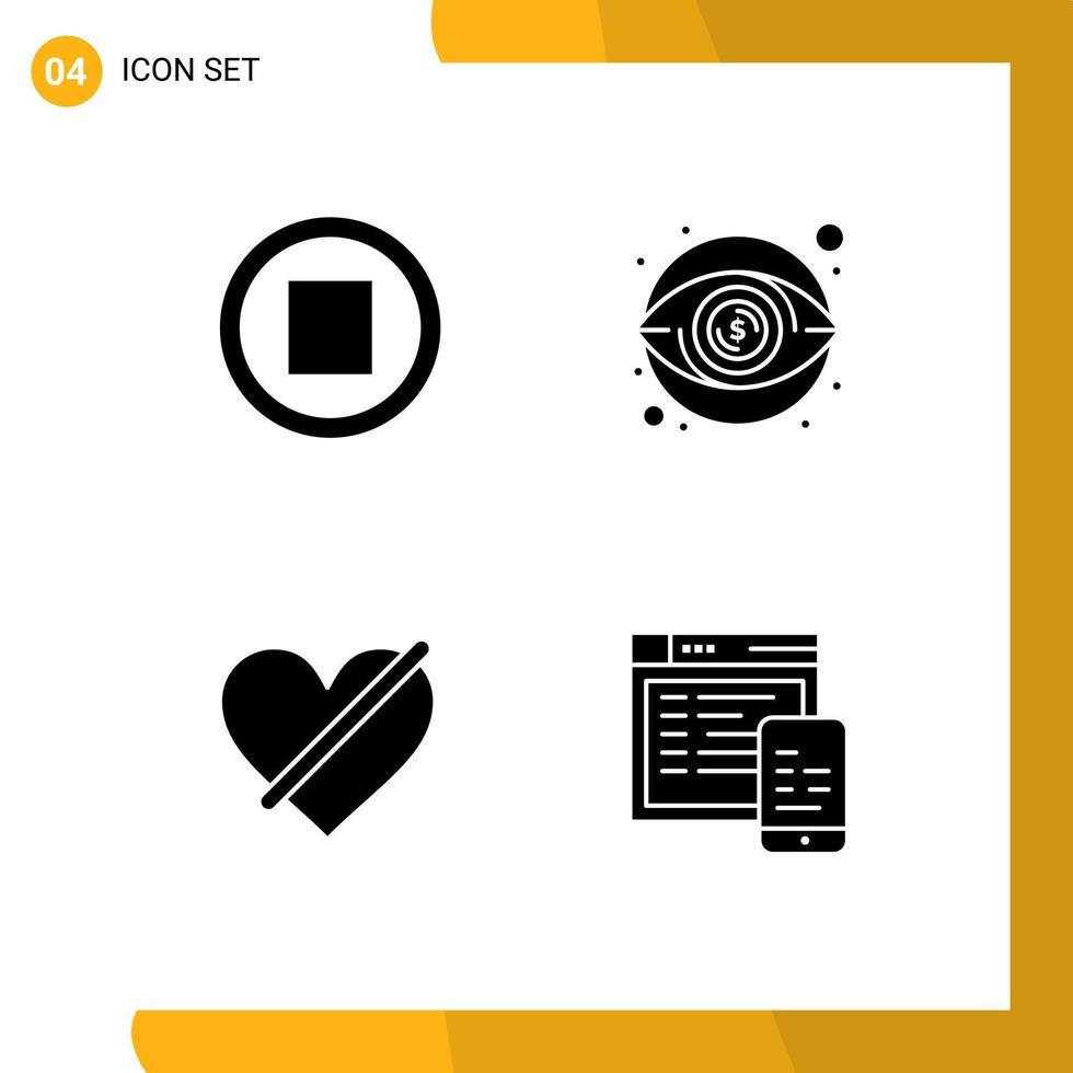 4 Thematic Vector Solid Glyphs and Editable Symbols of media heart eye money like Editable Vector Design Elements