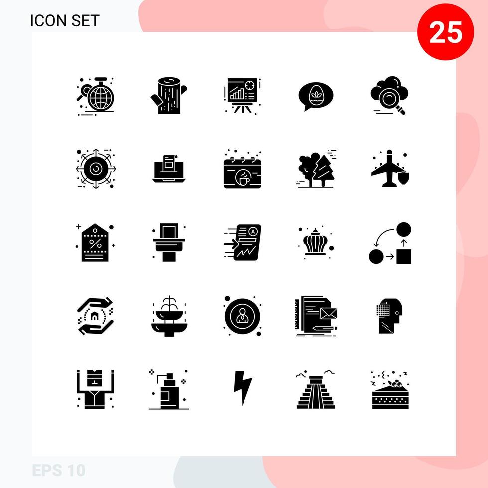 25 User Interface Solid Glyph Pack of modern Signs and Symbols of search nature graph easter chat Editable Vector Design Elements