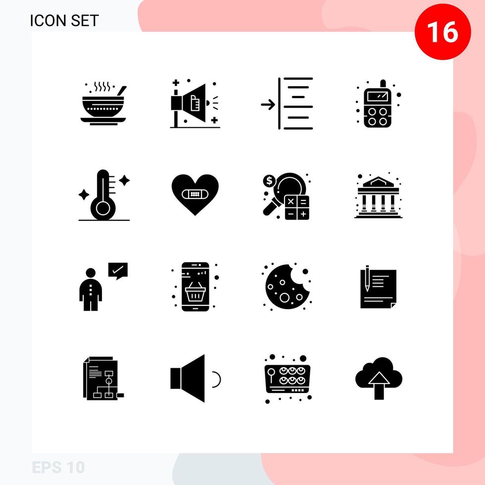 Universal Icon Symbols Group of 16 Modern Solid Glyphs of weather temperature indent medical radio Editable Vector Design Elements