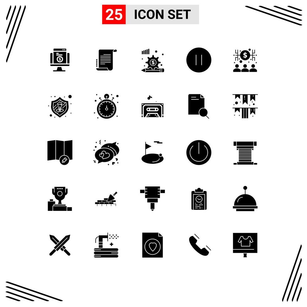 Set of 25 Vector Solid Glyphs on Grid for banker pause screenplay multimedia gear Editable Vector Design Elements
