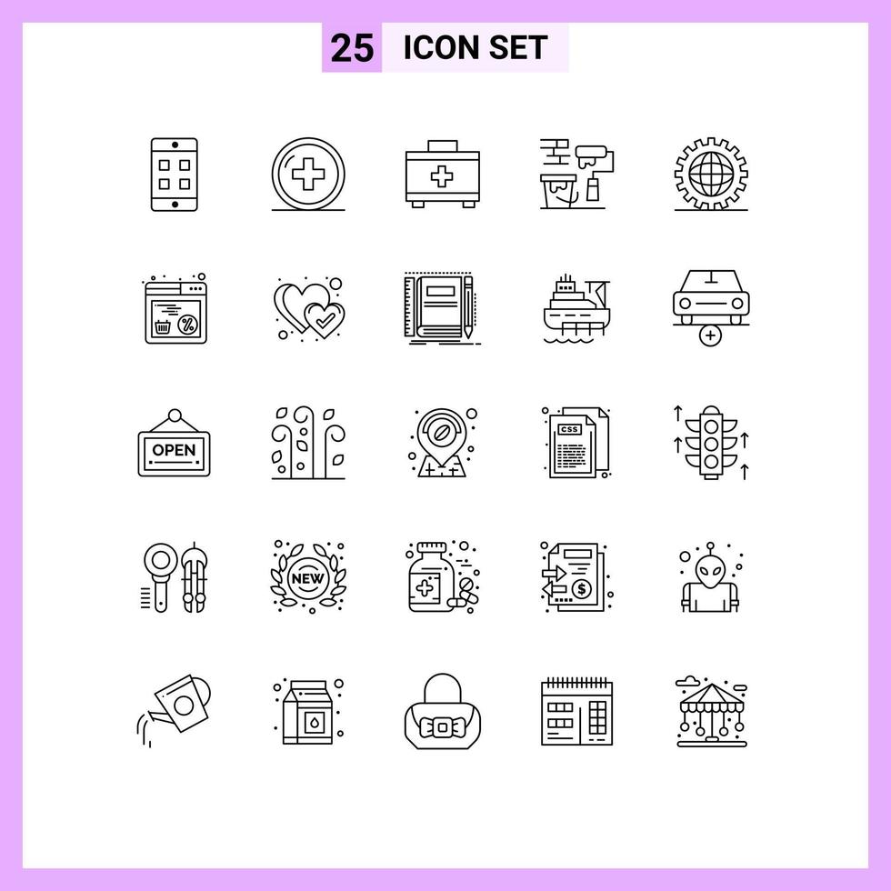 Line Pack of 25 Universal Symbols of development coding bag brush roller Editable Vector Design Elements