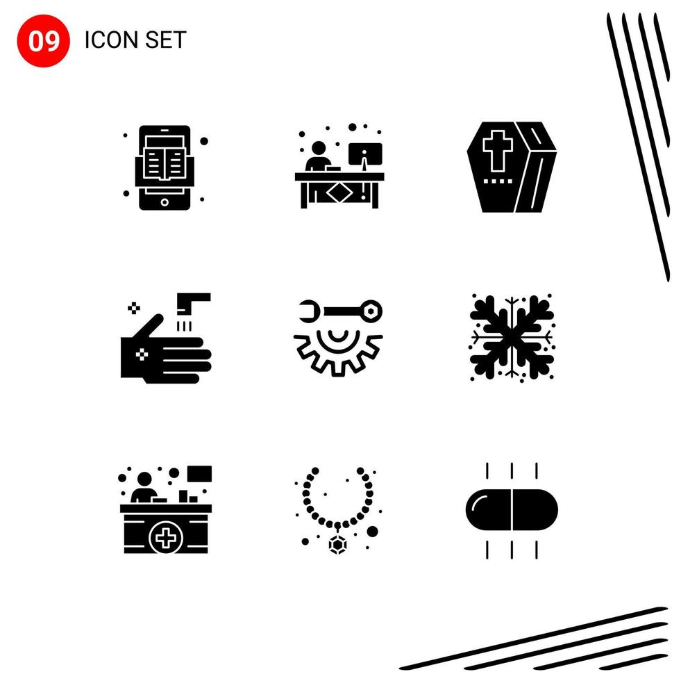 Set of 9 Commercial Solid Glyphs pack for tab faucet reception bathroom scary Editable Vector Design Elements