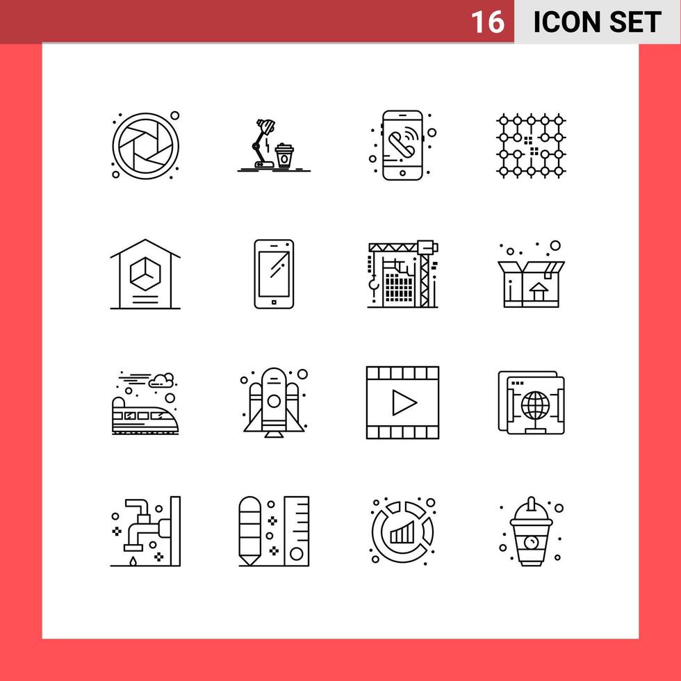 conjunto moderno de 16 contornos y símbolos, como elementos de diseño de vectores editables de conexión de cuadrícula de llamada de material doméstico