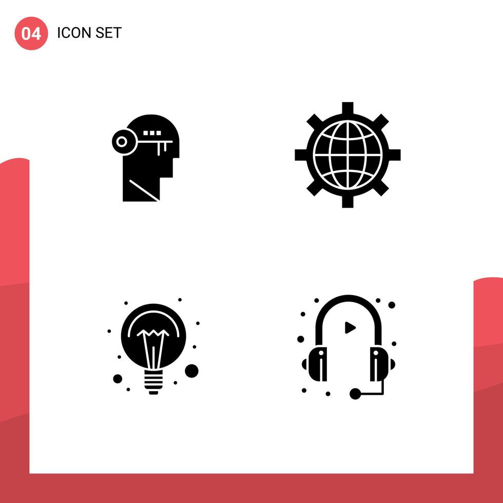 4 conjunto de glifos sólidos universales para aplicaciones web y móviles educación cerebral mente configurar ideas elementos de diseño vectorial editables vector