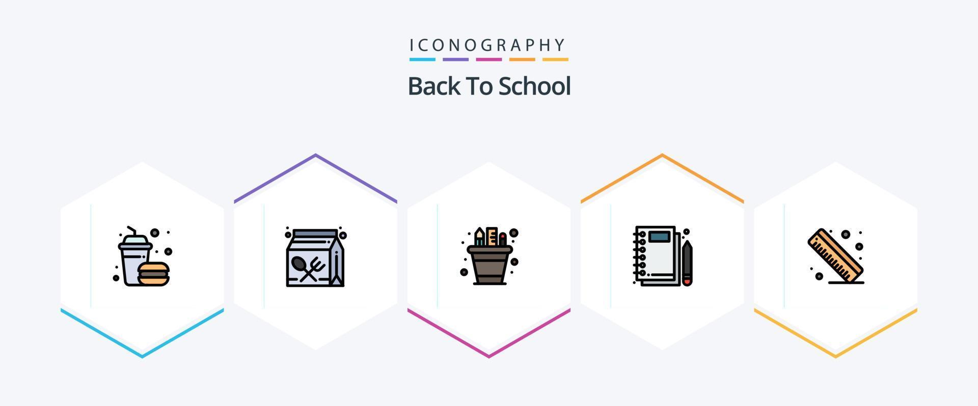 Back To School 25 FilledLine icon pack including stationery. notebook. lunch. jotter. pencil pot vector