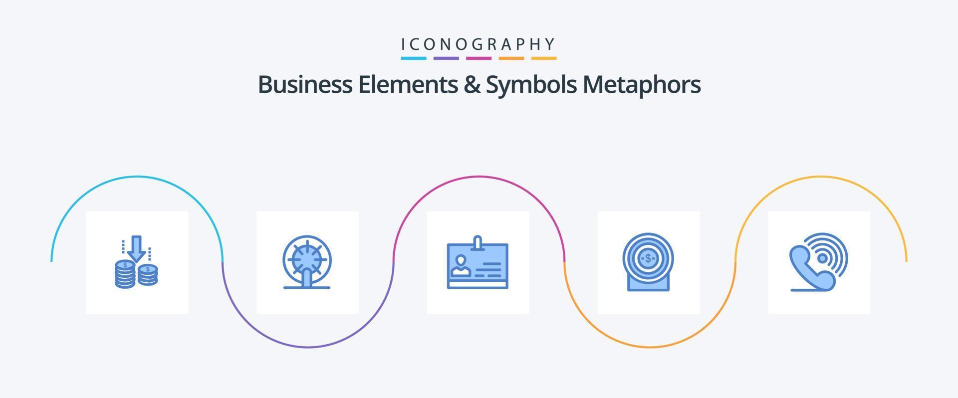 Business Elements And Symbols Metaphors Blue 5 Icon Pack Including phone. target. id. achievement. target vector