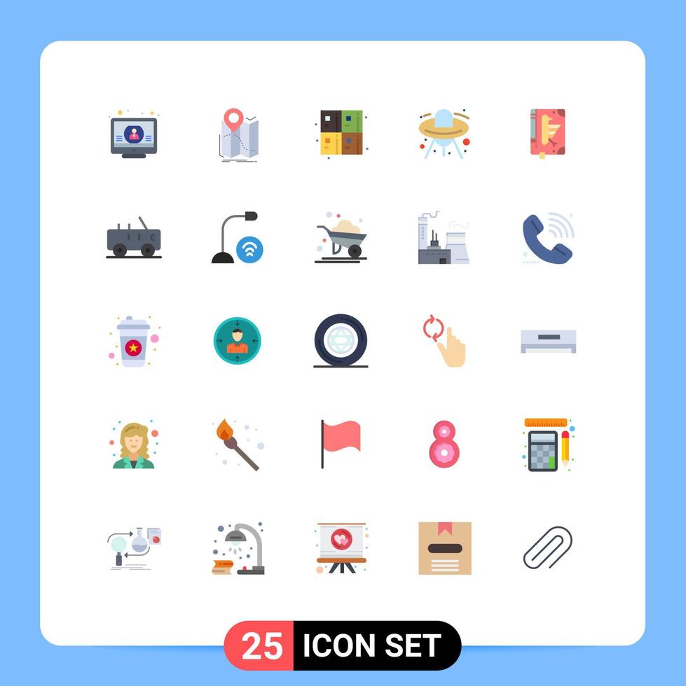 Group of 25 Flat Colors Signs and Symbols for ufo ship navigation alien education Editable Vector Design Elements