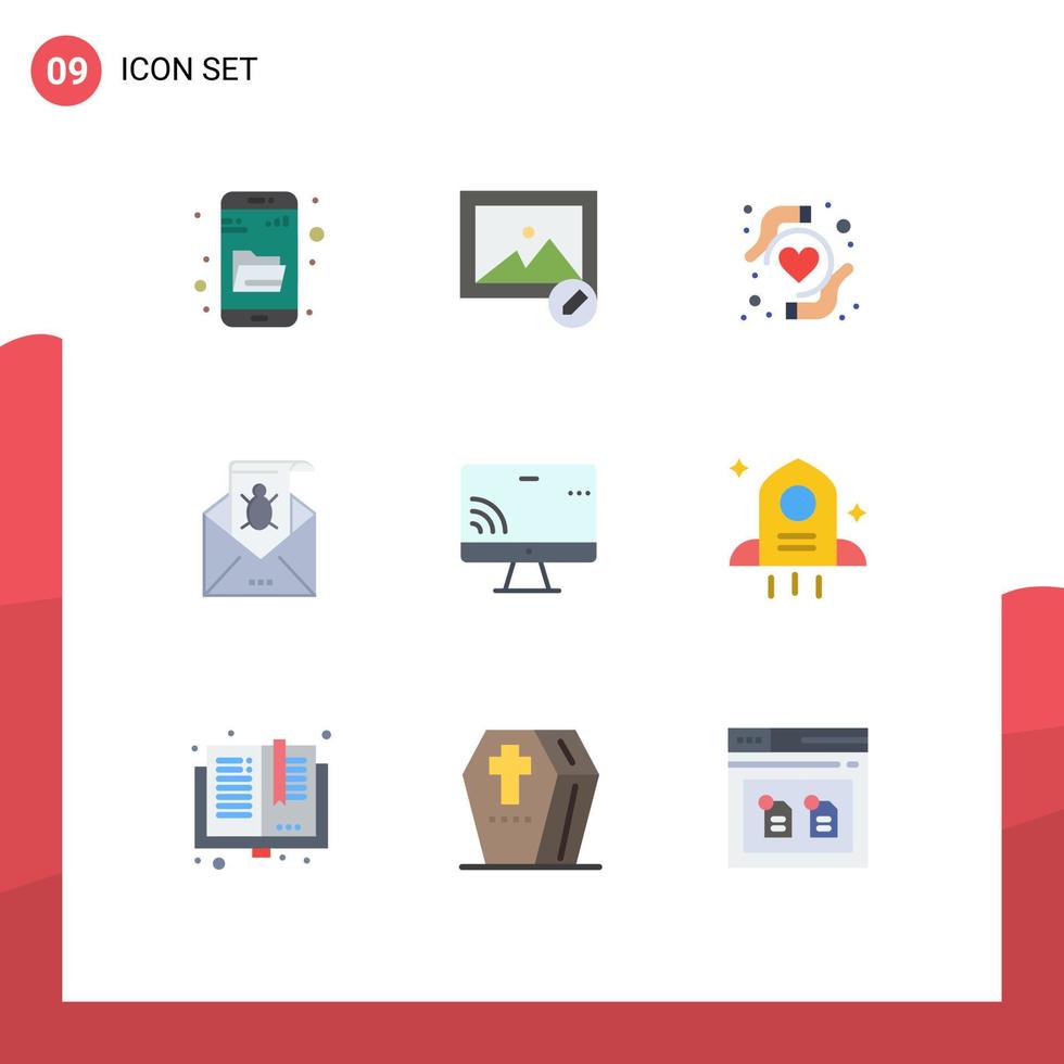 Pictogram Set of 9 Simple Flat Colors of virus spam heart health malware mail Editable Vector Design Elements