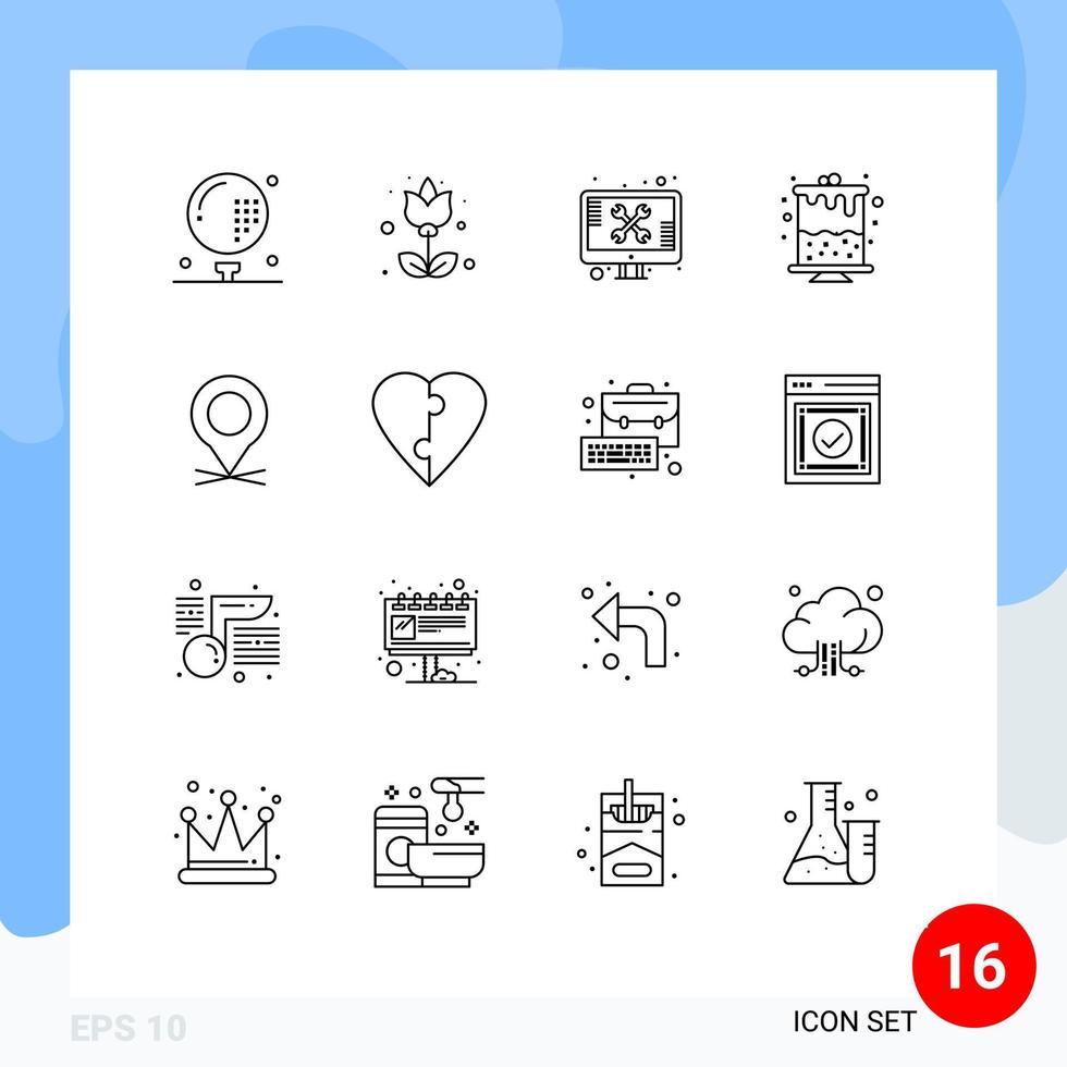 Mobile Interface Outline Set of 16 Pictograms of location candle flower birthday technical Editable Vector Design Elements