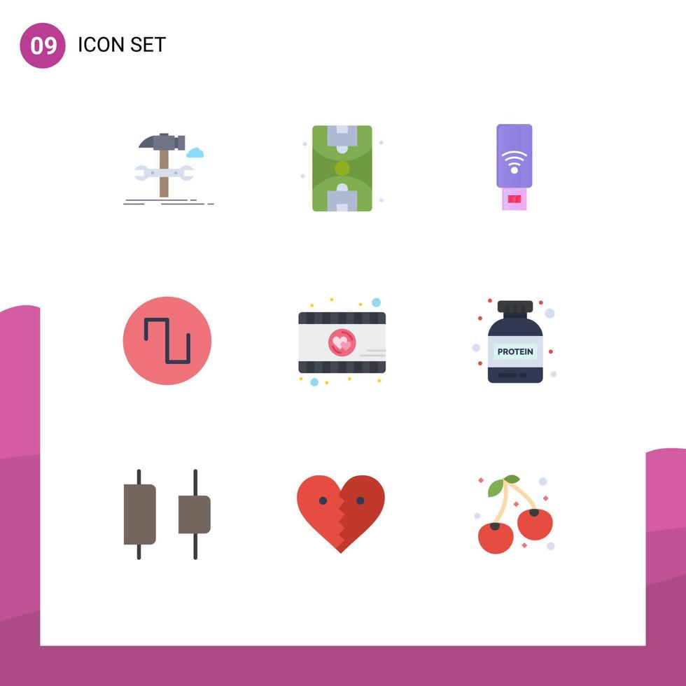 Modern Set of 9 Flat Colors Pictograph of video player romantic movie usb wave sound Editable Vector Design Elements