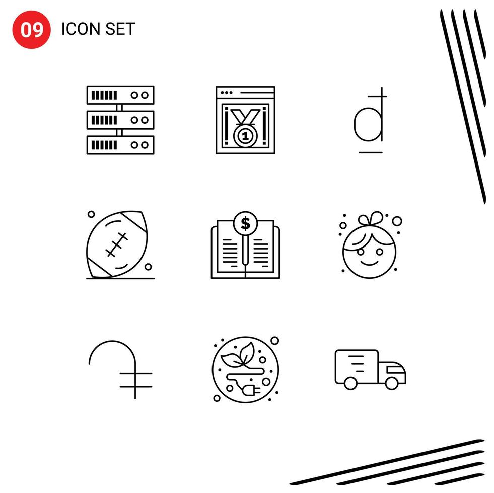User Interface Pack of 9 Basic Outlines of book value rugby currency game ball Editable Vector Design Elements