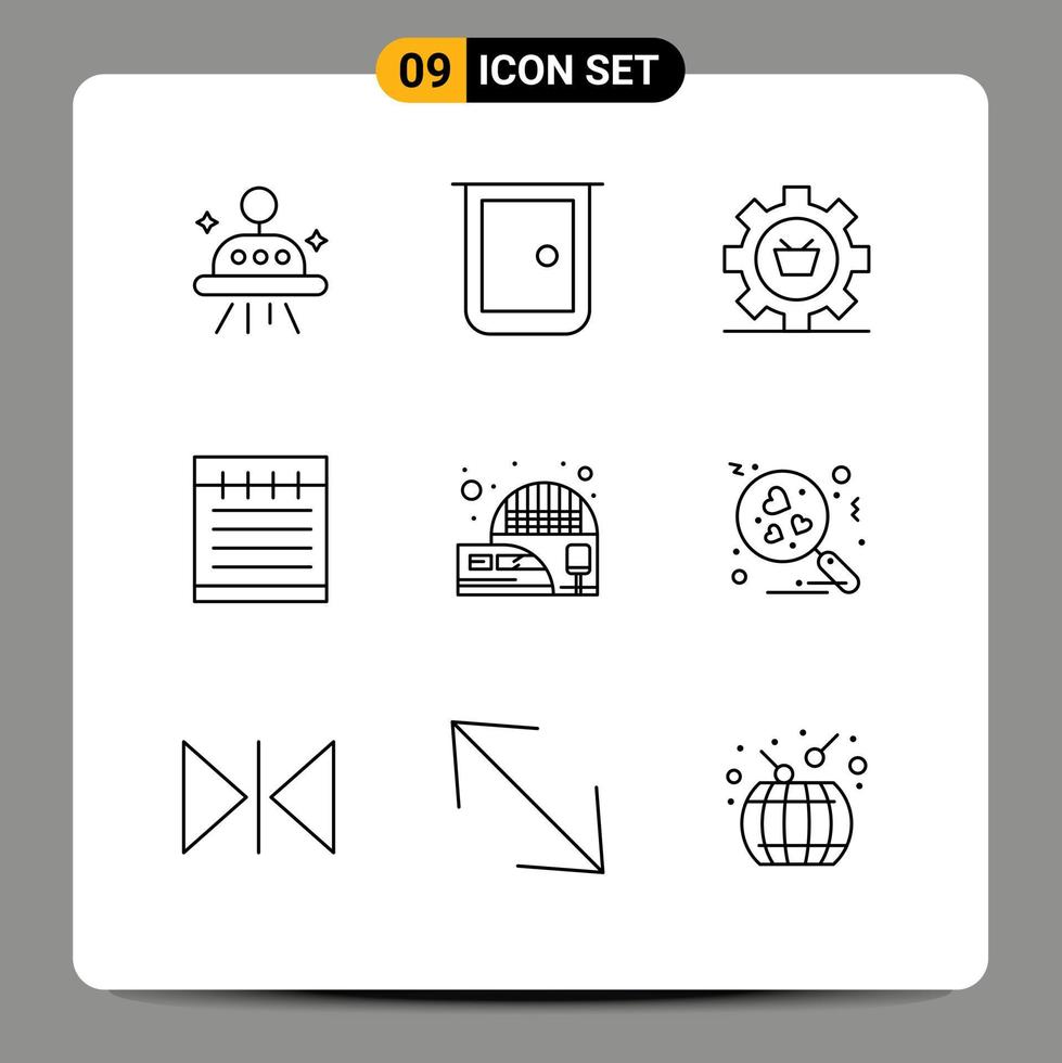 User Interface Pack of 9 Basic Outlines of railway station study education cart notebook gear Editable Vector Design Elements