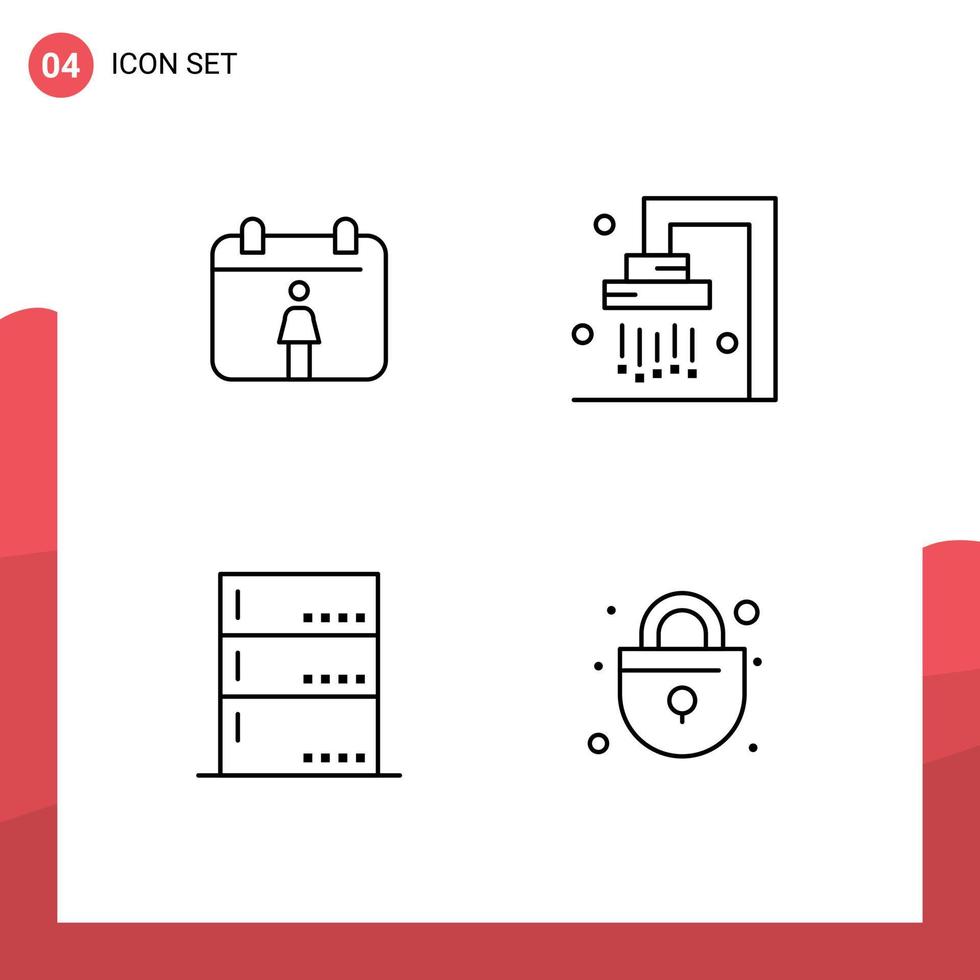 conjunto de pictogramas de 4 colores planos de línea rellena simple de elementos de diseño de vector editables de seguridad de administrador de baño de servidor de calendario